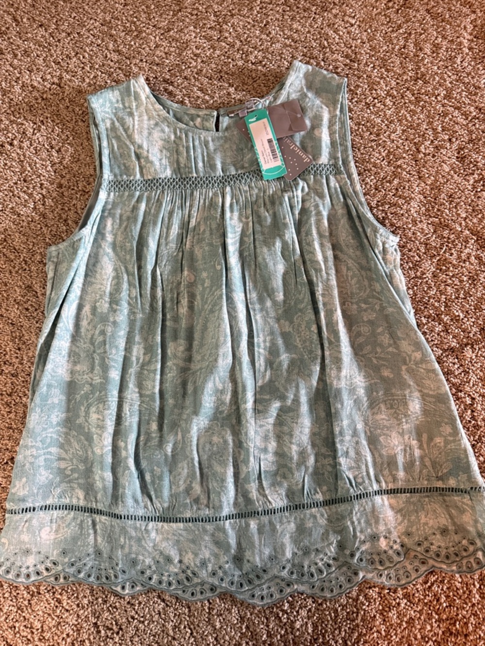 Daniel Rainn Sleeveless Paisley Eyelet Blouse in Light Teal